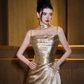 Golden Elegant Prom Dress ,Mermaid Spaghetti Straps Silky Bodycon Maxi Evening Dress RS1189
