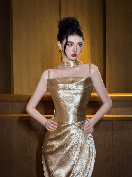 Golden Elegant Prom Dress ,Mermaid Spaghetti Straps Silky Bodycon Maxi Evening Dress RS1189