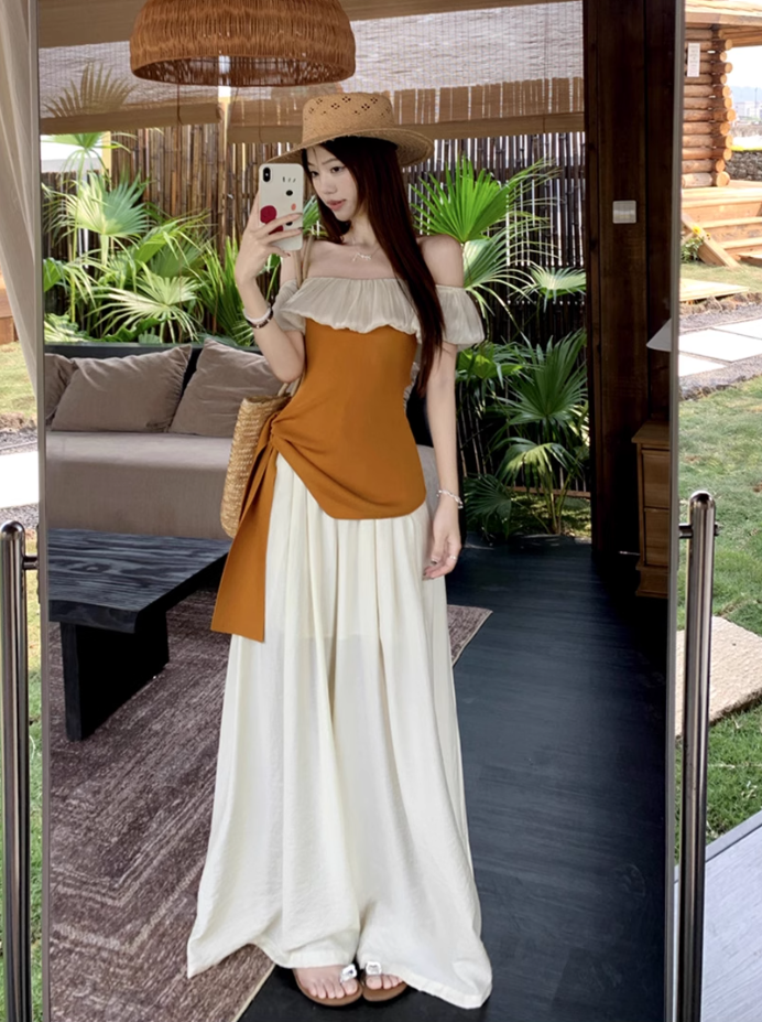 Beautiful summer suit, one-shoulder ruffled ice silk knitted top, wide-leg pants, two-piece suit R1739
