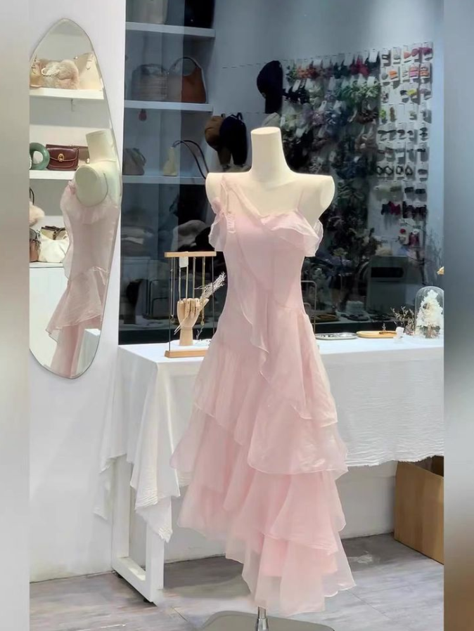 Blush Pink Sweet Prom Dress ,A-Line Spaghetti Straps Tulle Corset Midi Summer Dress RS1192