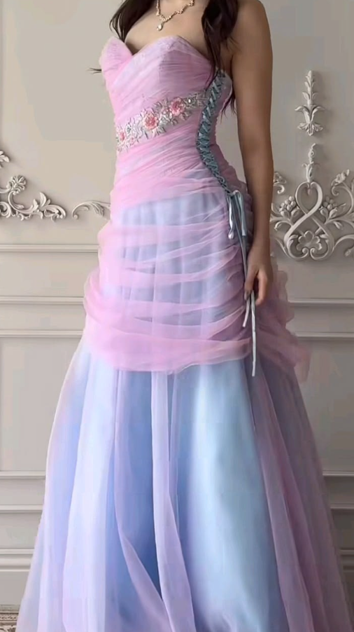 Pink and Blue Elegant Prom Dress ,A-Line Strapless Applique Bodycon Maxi Evening Dress RS1195