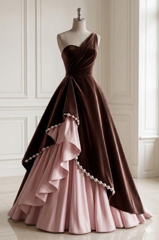 Patchwork Elegant Prom Dress ,A-Line One-shoulder Corset Maxi Evening Dress RS1196