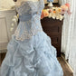 Elegant Pale Blue Ball Gown Strapless Long Women Dress with Lace Birthday Dress Prom Dress RS100
