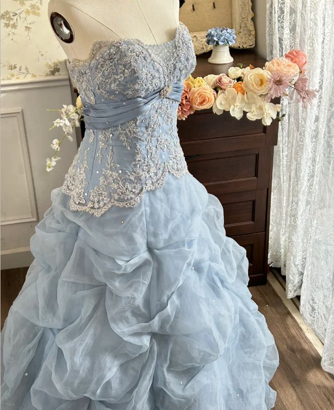 Elegant Pale Blue Ball Gown Strapless Long Women Dress with Lace Birthday Dress Prom Dress RS100