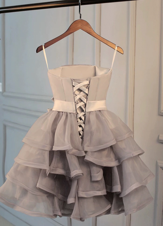 Pretty Sliver Ruffled Homecoming Dress ,A-Line Spaghetti Straps Corset Cute Princess Dress RS991