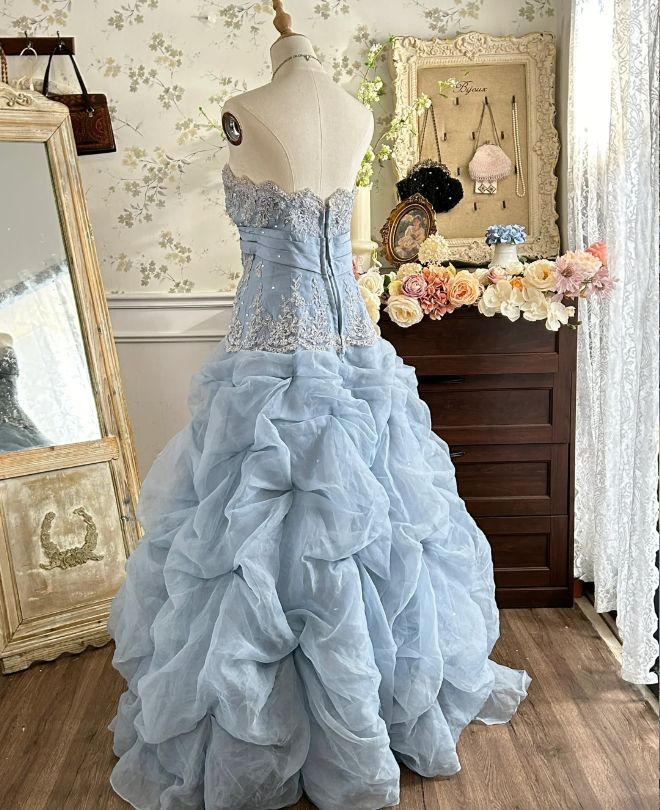 Elegant Pale Blue Ball Gown Strapless Long Women Dress with Lace Birthday Dress Prom Dress RS100