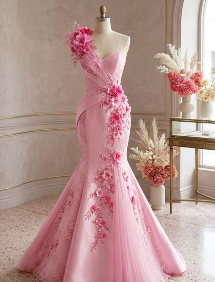 Gorgeous Pink Prom Dress ,Mermaid One-shoulder Applique Bodycon Romantic Maxi Evening Dress RS1198