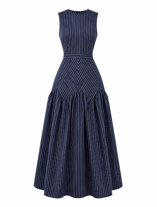 Minimalist Navy Prom Dress ,A-Line High Collar Striped Corset Maxi Evening Dress RS1203