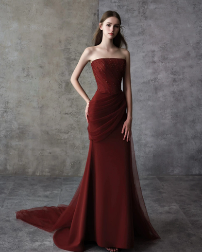 French Chic Burgundy Prom Dress ,Mermaid Strapless Beaded Bodycon Maxi Evening Dress RS1205