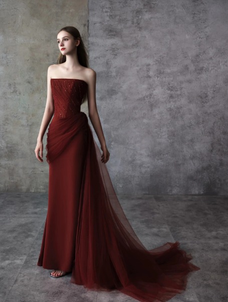 French Chic Burgundy Prom Dress ,Mermaid Strapless Beaded Bodycon Maxi Evening Dress RS1205