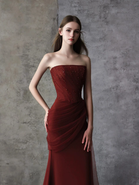 French Chic Burgundy Prom Dress ,Mermaid Strapless Beaded Bodycon Maxi Evening Dress RS1205