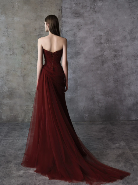 French Chic Burgundy Prom Dress ,Mermaid Strapless Beaded Bodycon Maxi Evening Dress RS1205