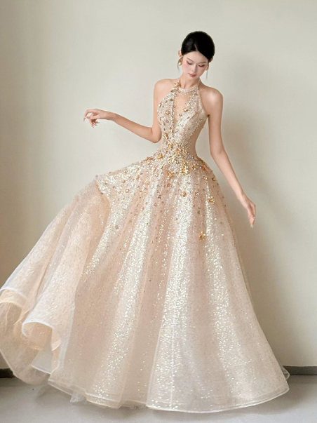 French Chic Champagne Prom Dress ,A-Line Deep V-neck Beaded Bodycon Glitter Maxi Evening Dress RS1206