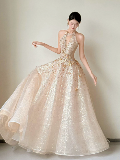French Chic Champagne Prom Dress ,A-Line Deep V-neck Beaded Bodycon Glitter Maxi Evening Dress RS1206