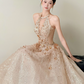 French Chic Champagne Prom Dress ,A-Line Deep V-neck Beaded Bodycon Glitter Maxi Evening Dress RS1206