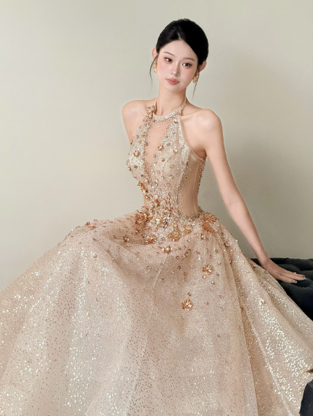 French Chic Champagne Prom Dress ,A-Line Deep V-neck Beaded Bodycon Glitter Maxi Evening Dress RS1206