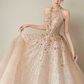 French Chic Champagne Prom Dress ,A-Line Deep V-neck Beaded Bodycon Glitter Maxi Evening Dress RS1206