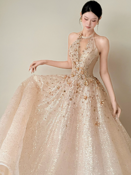 French Chic Champagne Prom Dress ,A-Line Deep V-neck Beaded Bodycon Glitter Maxi Evening Dress RS1206