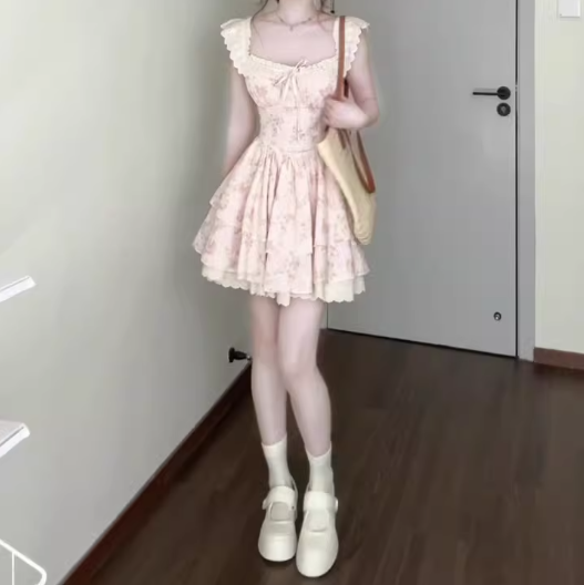 Gentle style pink floral dress beautiful waist A-line tutu skirt R0736