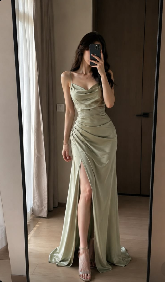 Sexy Green Prom Dress ,A-Line Spaghetti Straps High-slit Bodycon Maxi Evening Dress Cami Dress RS1207