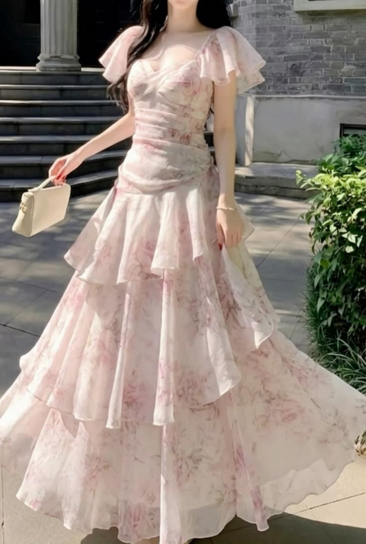 Sweet Blush Pink Floral Prom Dress ,Frilled Bodycon Maxi Birthday Dress RS1208