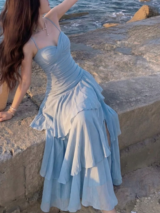 Fresh Blue Ruffled Prom Dress ,Chiffon Bodycon Maxi Summer Dress Cami Dress RS1211