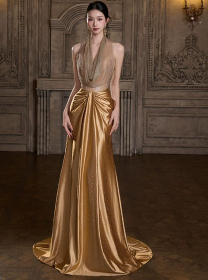 Golden Elegant Silky Prom Dress ,Halter Bodycon Maxi Evening Dress Celebrity Dress RS1212