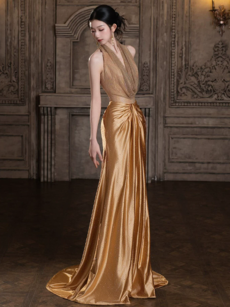 Golden Elegant Silky Prom Dress ,Halter Bodycon Maxi Evening Dress Celebrity Dress RS1212
