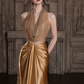 Golden Elegant Silky Prom Dress ,Halter Bodycon Maxi Evening Dress Celebrity Dress RS1212