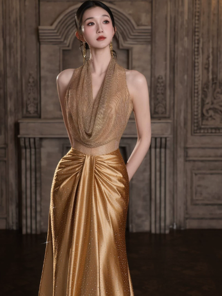Golden Elegant Silky Prom Dress ,Halter Bodycon Maxi Evening Dress Celebrity Dress RS1212