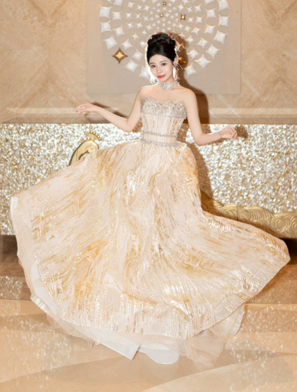 Pastel Yellow Elegant Beaded Prom Dress ,Glitter Maxi Evening Dress Birthday Dress RS1213