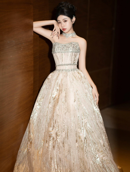 Pastel Yellow Elegant Beaded Prom Dress ,Glitter Maxi Evening Dress Birthday Dress RS1213