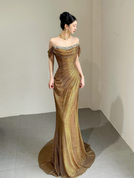 Golden Elegant Sequins Prom Dress ,Glitter Bodycon Maxi Evening Dress RS1215