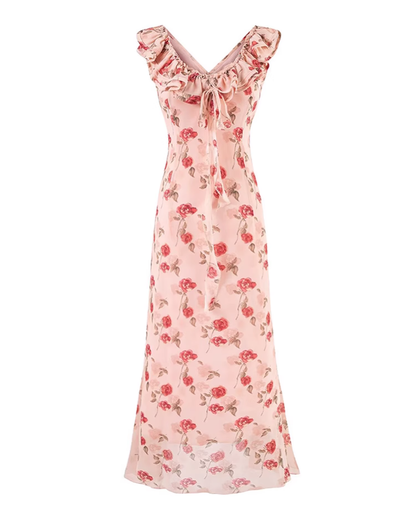 French retro pink printed dress 2025 new waist tea break long dress R2598