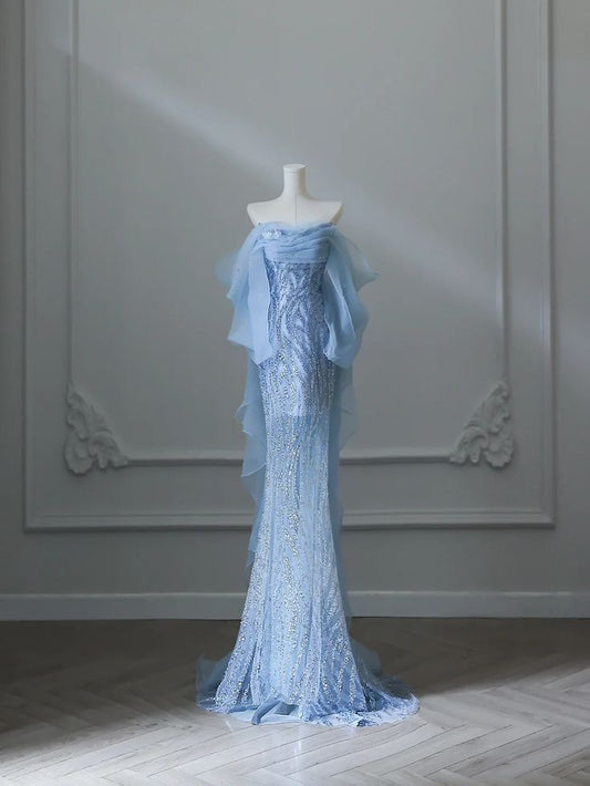 Elegant Pale Blue Mermaid Strapless Long Women Dress with Beading Prom Dress Evening Dress RS102