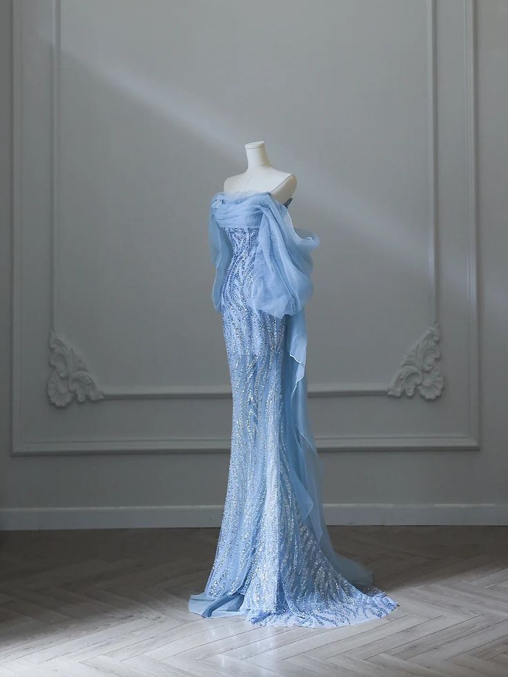 Elegant Pale Blue Mermaid Strapless Long Women Dress with Beading Prom Dress Evening Dress RS102