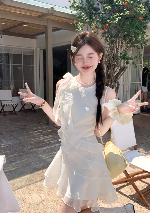 White waist bright silk chiffon halter neck suspender skirt women's summer French skirt R4619