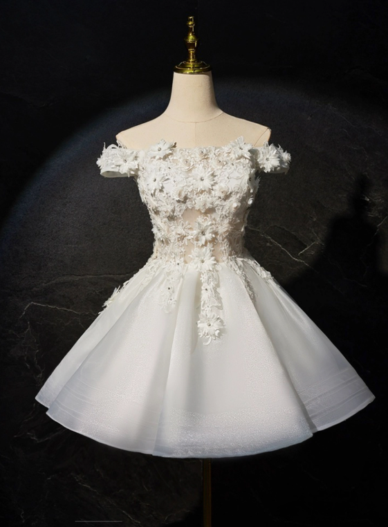 Charming White Homecoming Dress ,A-Line Off-the-shoulder Applique Corset Short Prom Dress RS1001