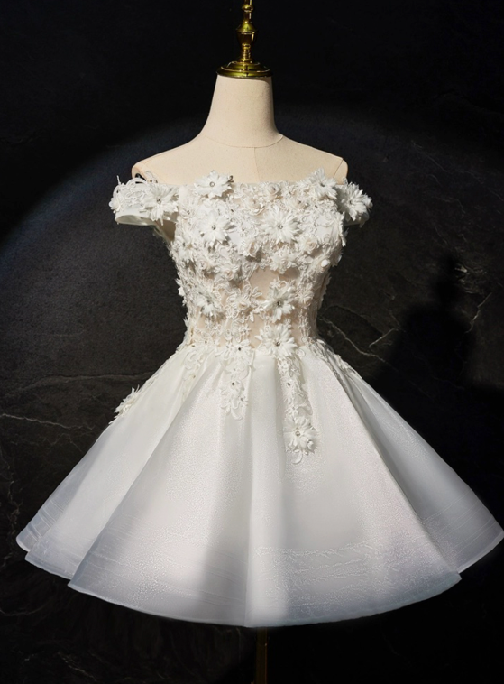 Charming White Homecoming Dress ,A-Line Off-the-shoulder Applique Corset Short Prom Dress RS1001