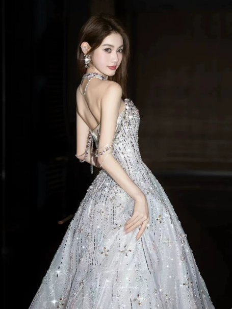 Gorgeous Ivory Beaded Celebrity Dress ,Glitter Corset Maxi Evening Dress RS1234