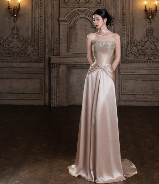 Gorgeous Champagne Beaded Prom Dress ,Silky Bodycon Maxi Evening Dress RS1235