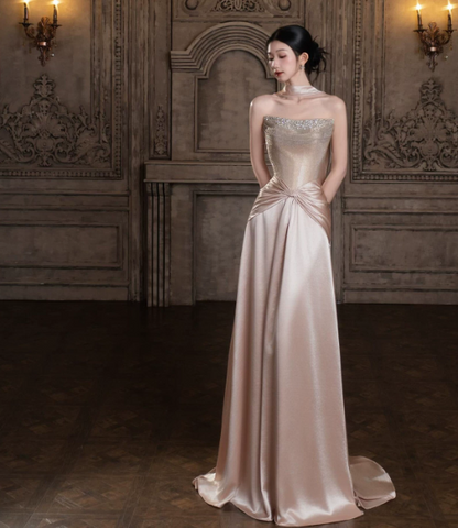 Gorgeous Champagne Beaded Prom Dress ,Silky Bodycon Maxi Evening Dress RS1235