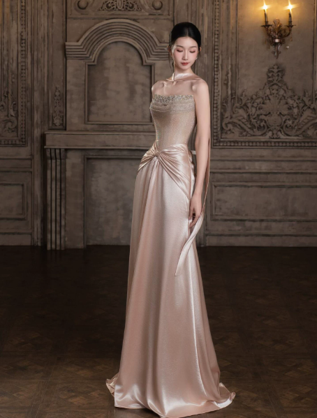 Gorgeous Champagne Beaded Prom Dress ,Silky Bodycon Maxi Evening Dress RS1235