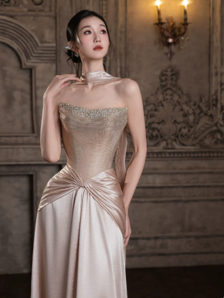 Gorgeous Champagne Beaded Prom Dress ,Silky Bodycon Maxi Evening Dress RS1235