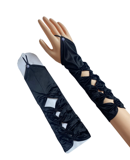 Hollow hook elastic wedding dress wedding gloves medium length embroidered beaded gloves bow     S6260