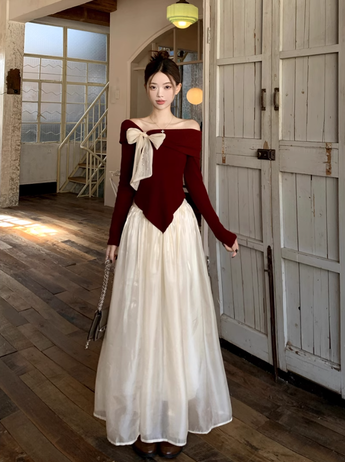 Fairy temperament high-end suit one-shoulder bow sweater with skirt two-piece suit R1725