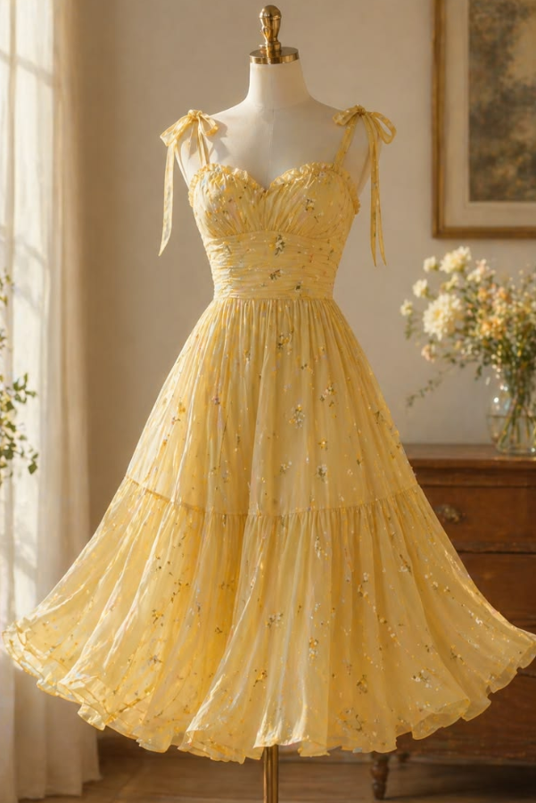 Bright Yellow Prom Dress ,Floral Corset Maxi Summer Dress Cami Dress RS1237