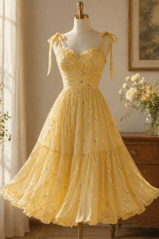Bright Yellow Prom Dress ,Floral Corset Maxi Summer Dress Cami Dress RS1237
