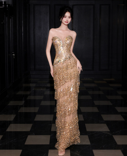 Glitter Golden Prom Dress ,Beaded Beaded Maxi Evening Dress RS1238