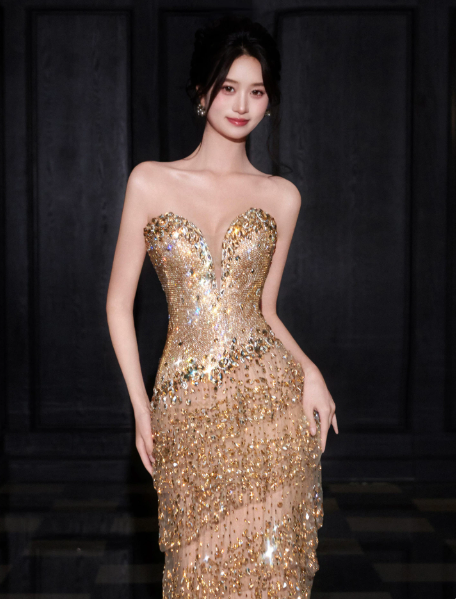 Glitter Golden Prom Dress ,Beaded Beaded Maxi Evening Dress RS1238
